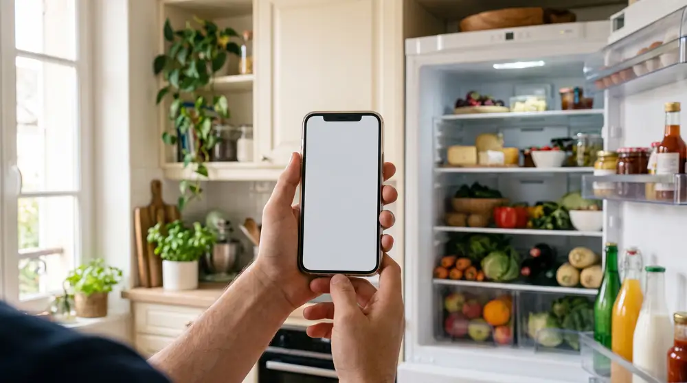 Une personne photographie l'intérieur de son frigo avec son téléphone