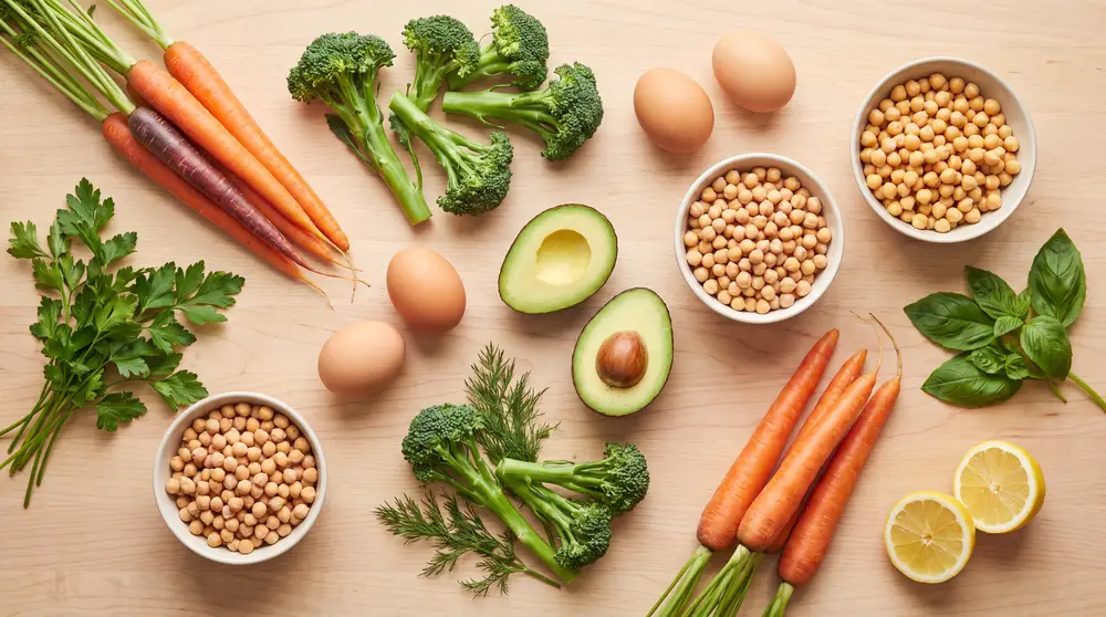 Ingrédients frais disposés à plat : légumes, œufs, avocat, herbes