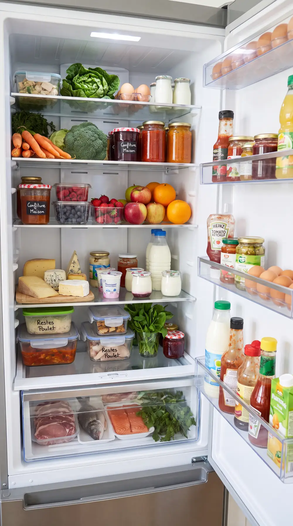 Un frigo ouvert plein de légumes frais et de restes