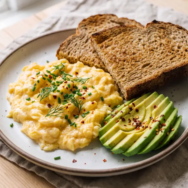 Petit-déjeuner : œufs brouillés, toast complet et avocat