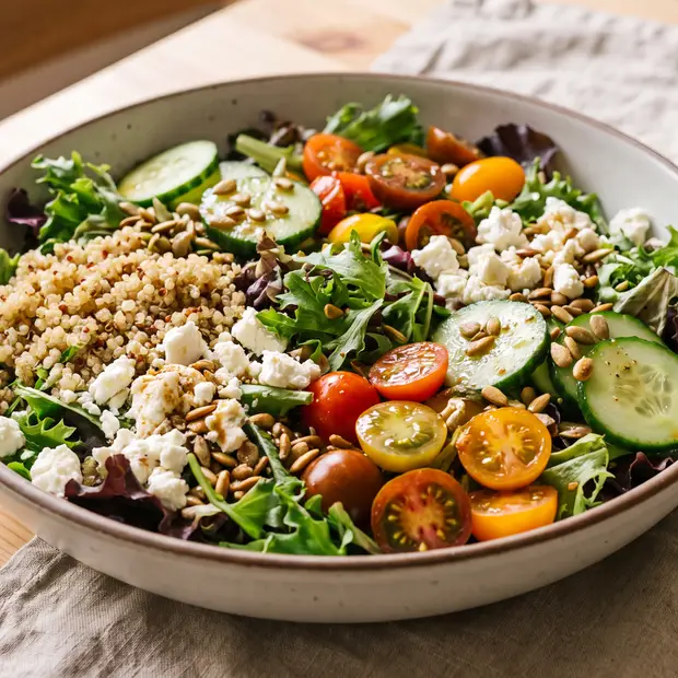 Grande salade repas composée : pousses, quinoa, tomates, feta