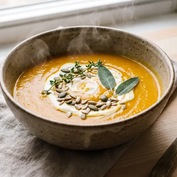 Bol de velouté de légumes d'automne aux graines et herbes