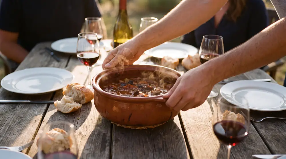 Un plat mijoté fumant déposé au centre d'une table conviviale